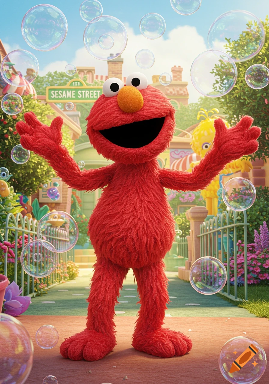 A happy, fluffy red Elmo with arms outstretched stands on Sesame Street, surrounded by colorful soap bubbles in a vibrant, photorealistic 3D rendering.