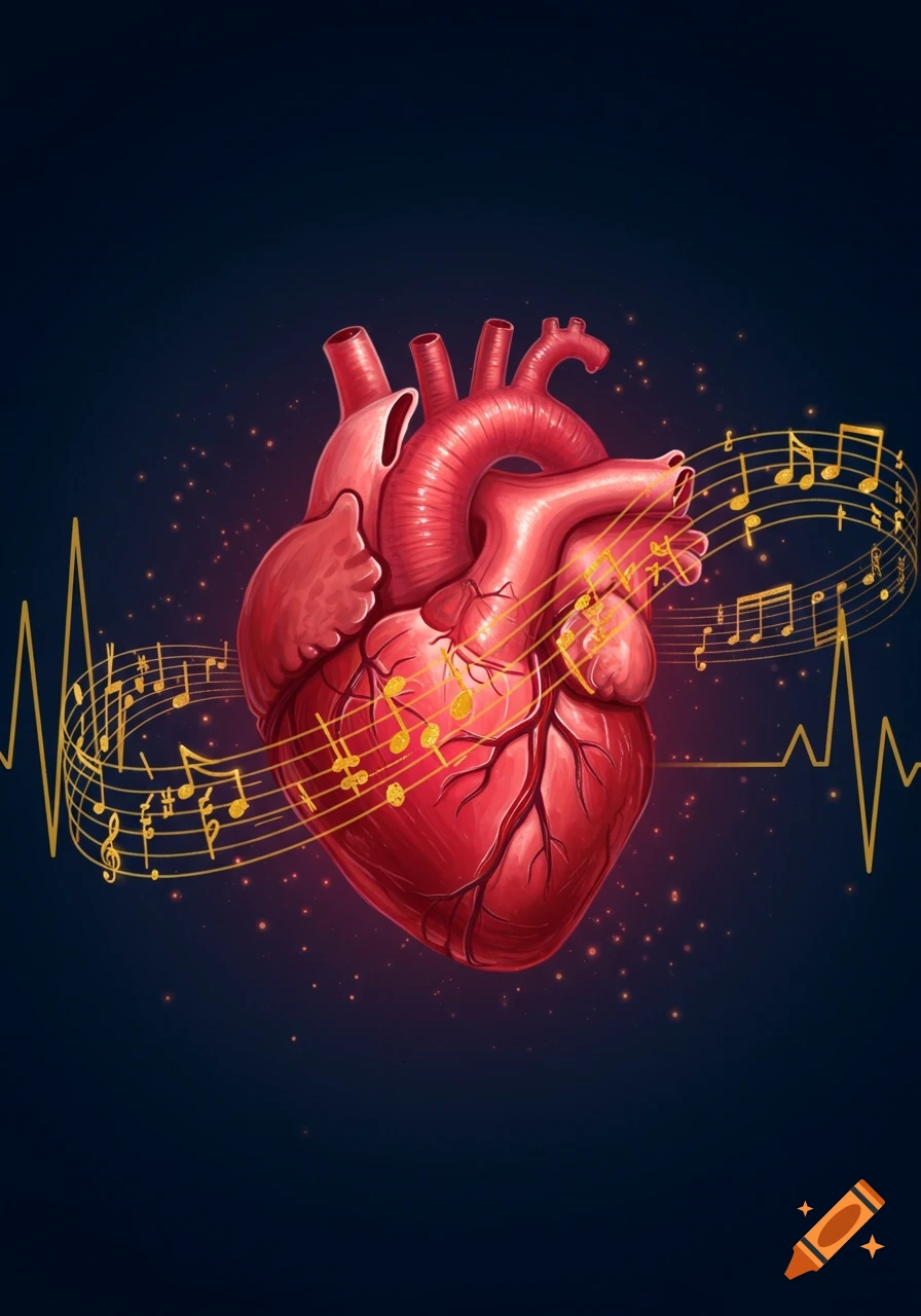 Stylized anatomical heart surrounded by golden musical notes and a vibrant EKG tracing on a dark background.