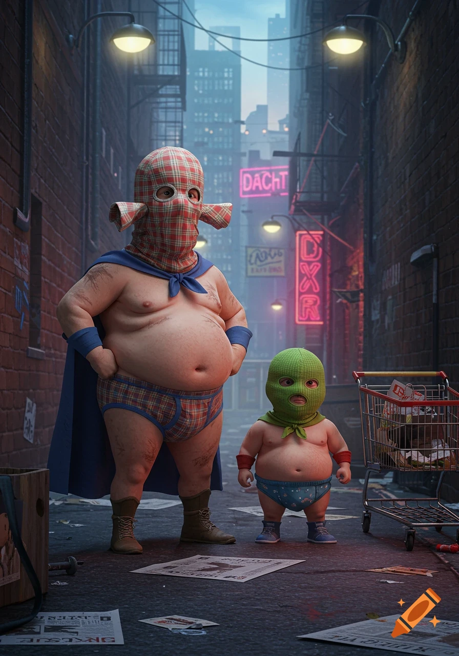 A large man and a small child, both chunky, dressed as superheroes in plaid balaclavas, underwear, and capes, stand in a dark city alley with neon signs.