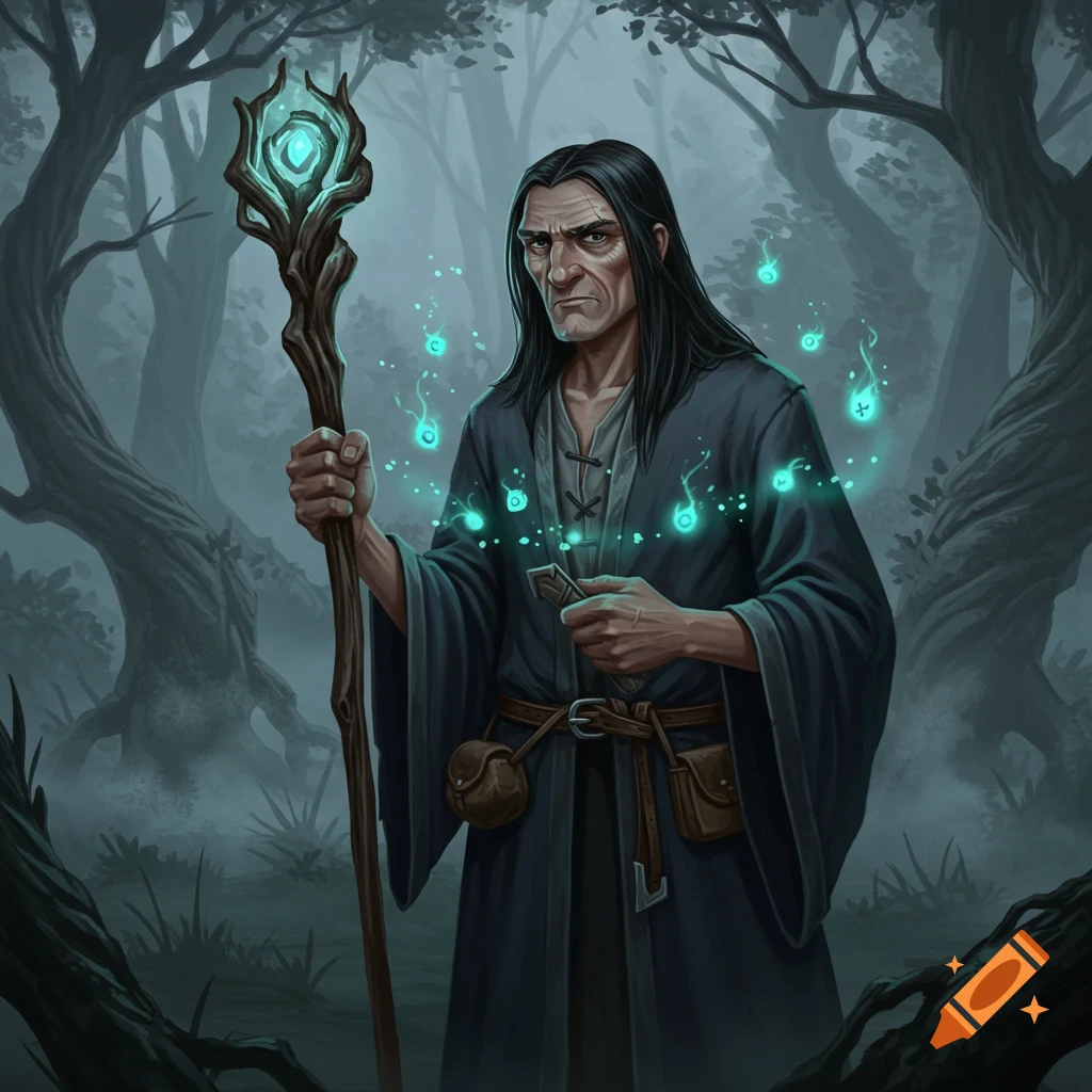 A grumpy, long-haired wizard in a dark robe stands in a misty forest, holding a glowing gnarled staff and surrounded by blue magical wisps.