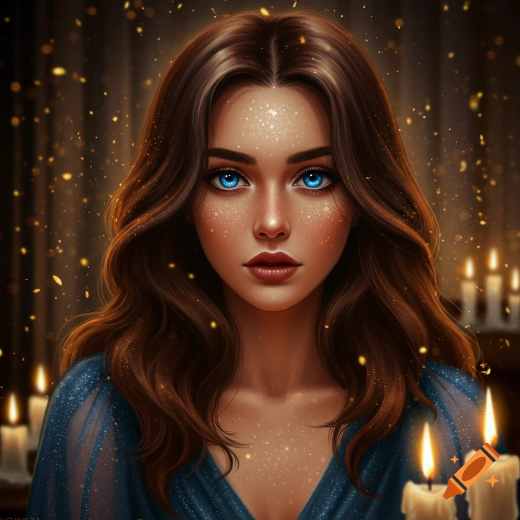 A stylized portrait of a woman with long brown hair, bright blue eyes, and sparkling skin, surrounded by golden particles and lit candles.