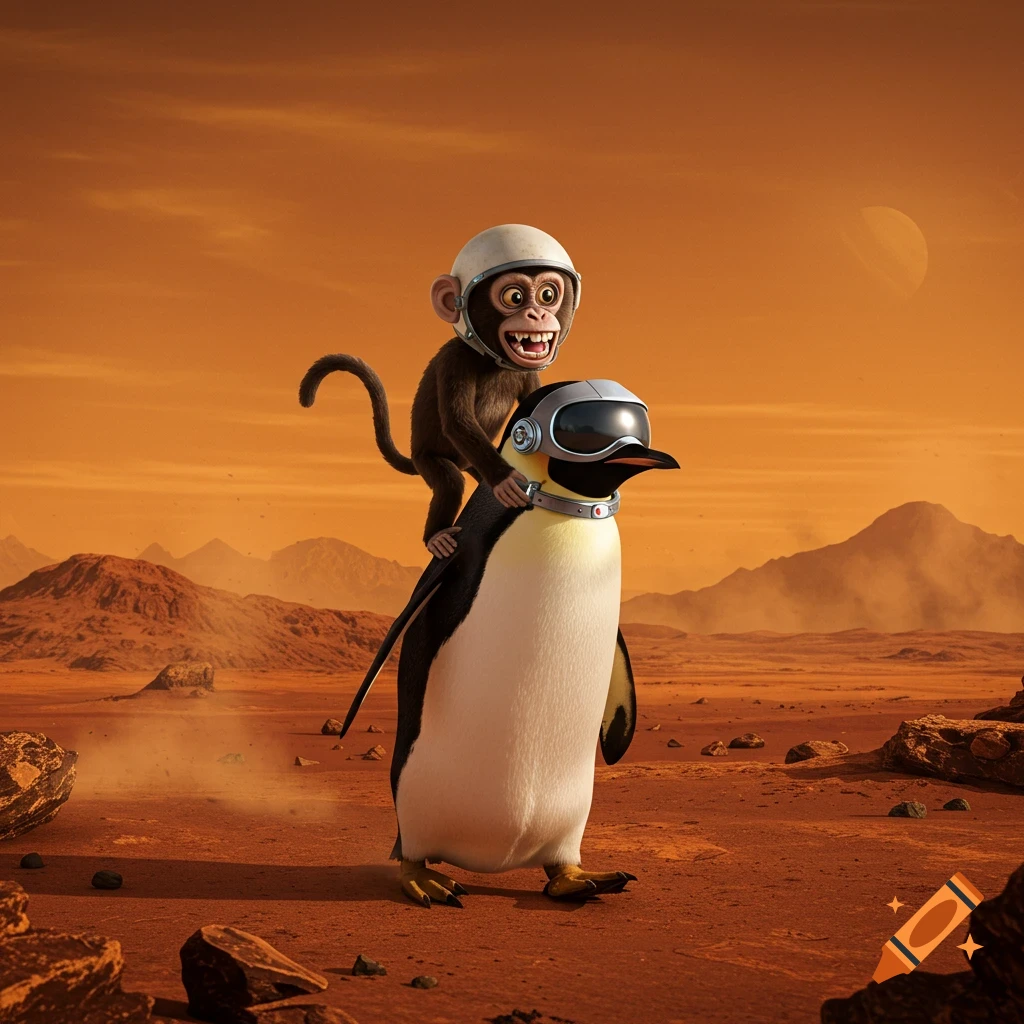 A photorealistic monkey in a helmet rides a penguin in a futuristic helmet across a reddish Martian landscape.