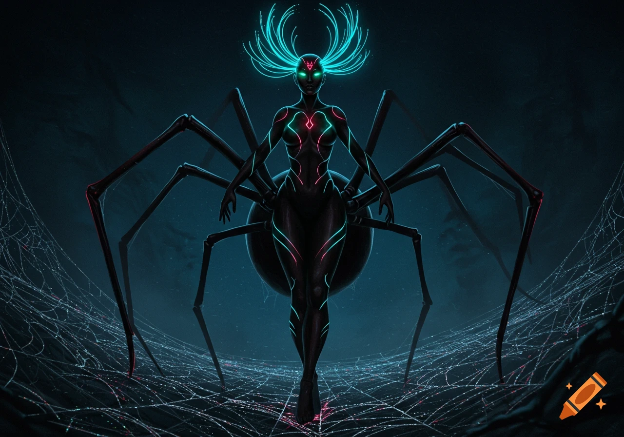A dark, stylized spider-human hybrid with glowing teal eyes and fiber optic hair, walking on a glowing web.