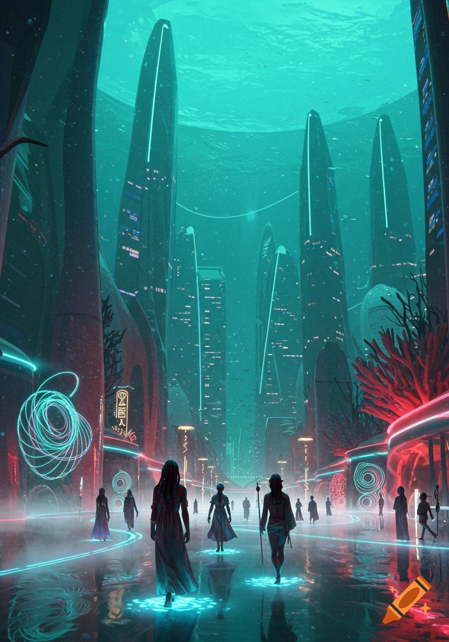 A futuristic underwater city street at night, with glowing teal and red neon lights illuminating large buildings and people walking.