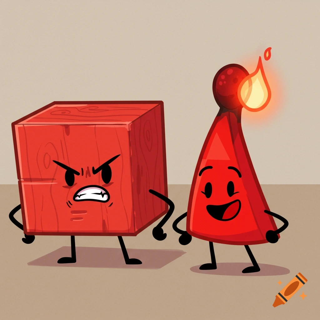 An angry red wooden block character and a happy red match character with a glowing flame, in a cartoon style.