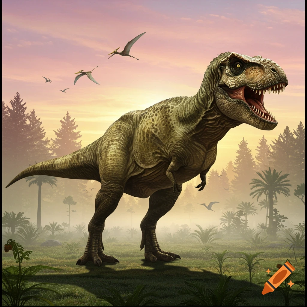 A photorealistic Tyrannosaurus Rex roars in a lush prehistoric jungle at sunset, with pterosaurs flying above.