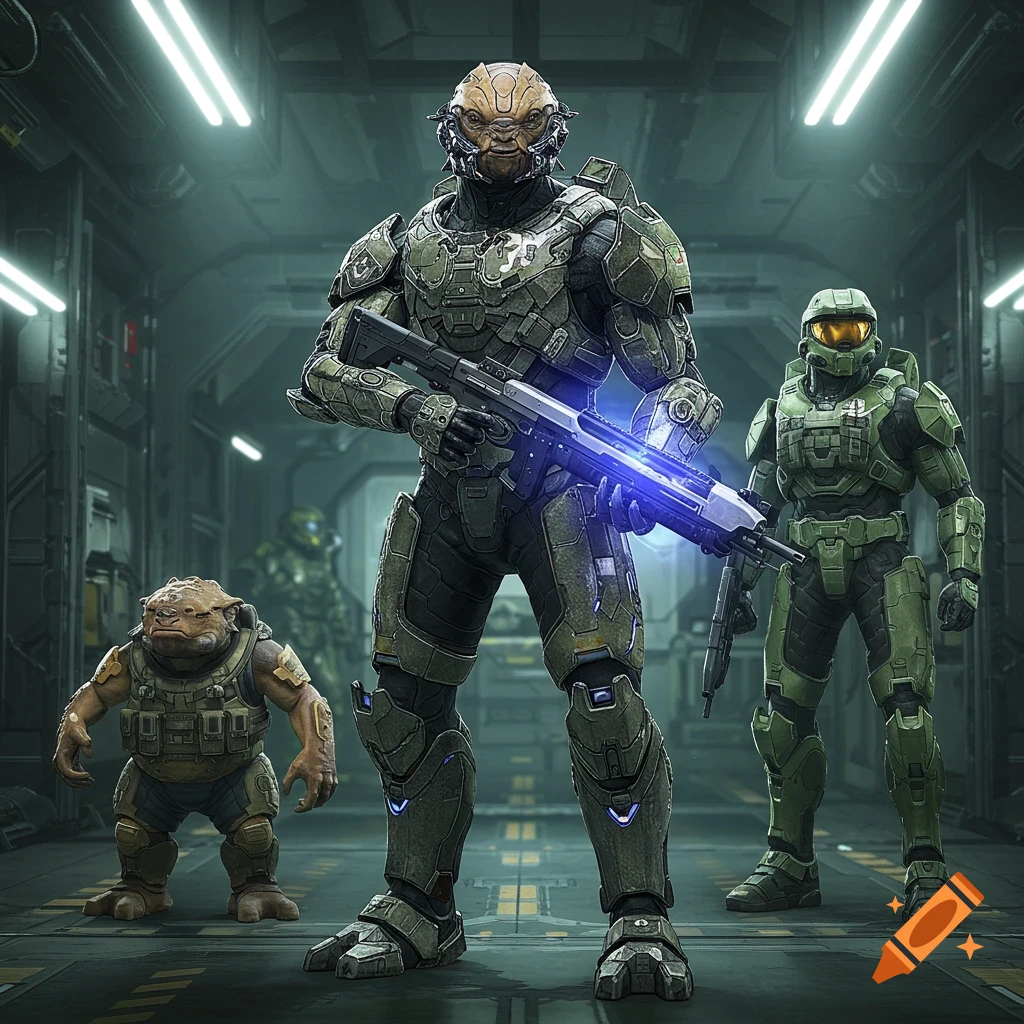 A large armored alien holds a glowing rifle, flanked by a small alien and a green armored soldier in a sci-fi corridor, photorealistic style.