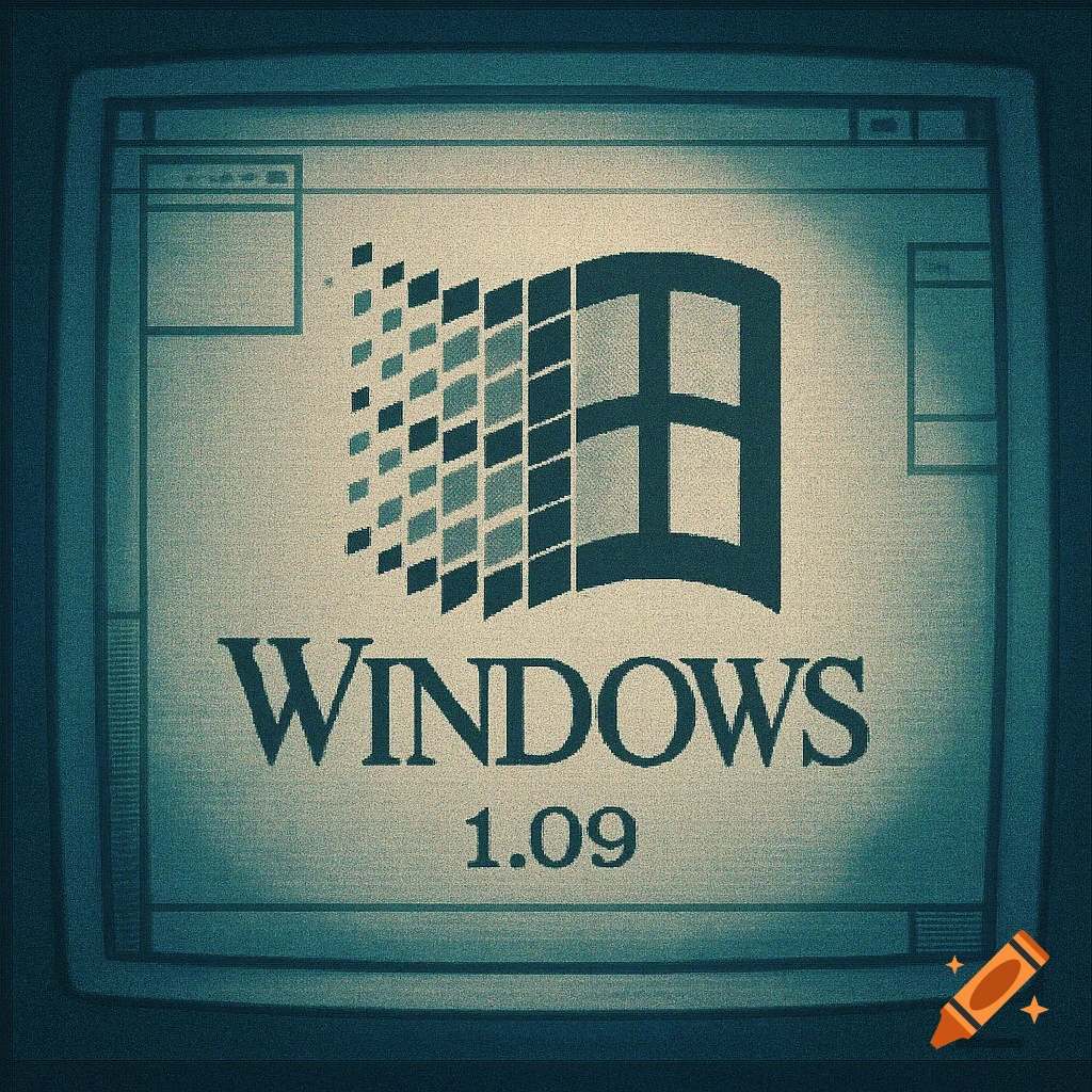 Retro computer screen showing the Windows 1.09 logo with a grainy, blue-tinted effect.
