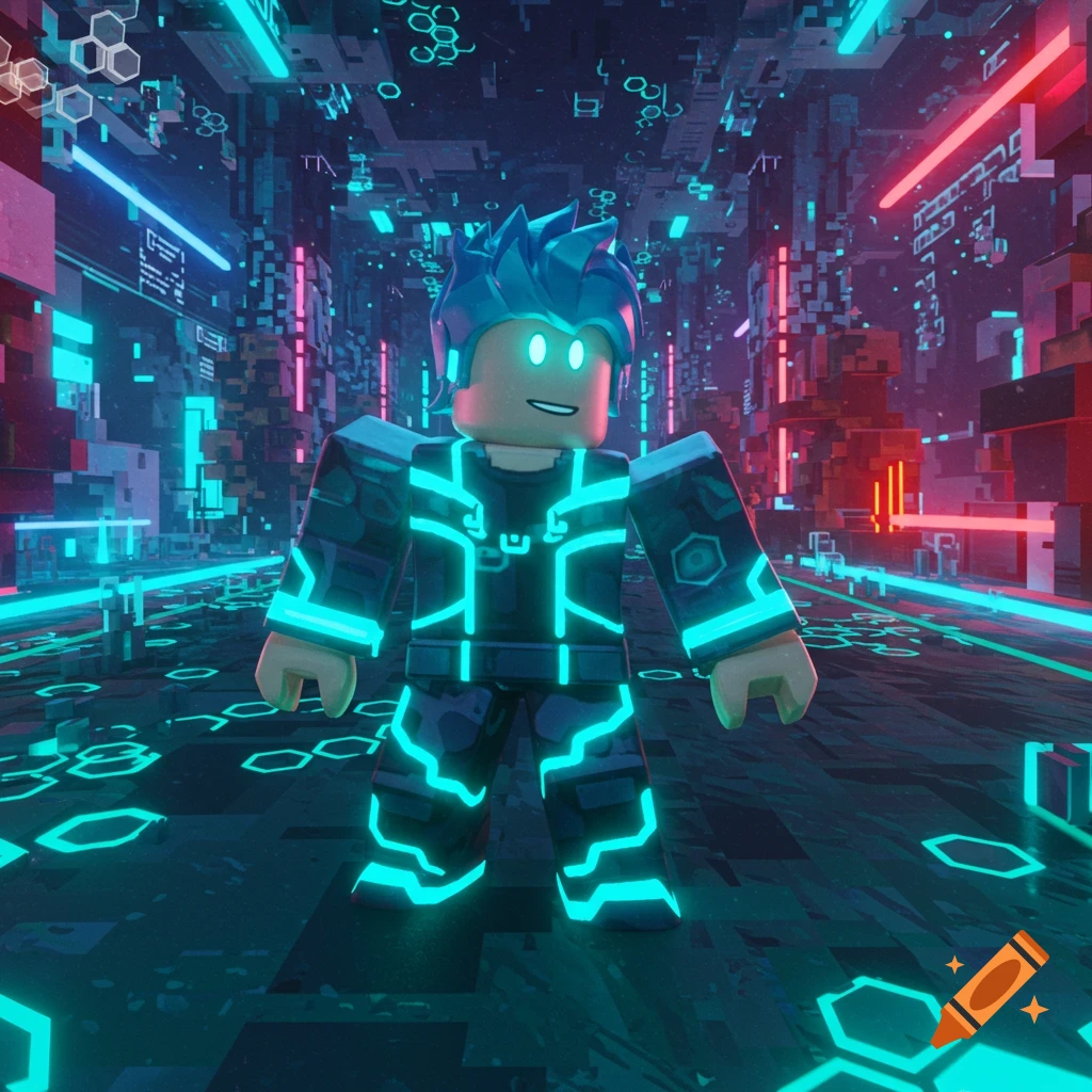 Roblox-style character with blue glowing hair and suit in a neon-lit, futuristic city environment.