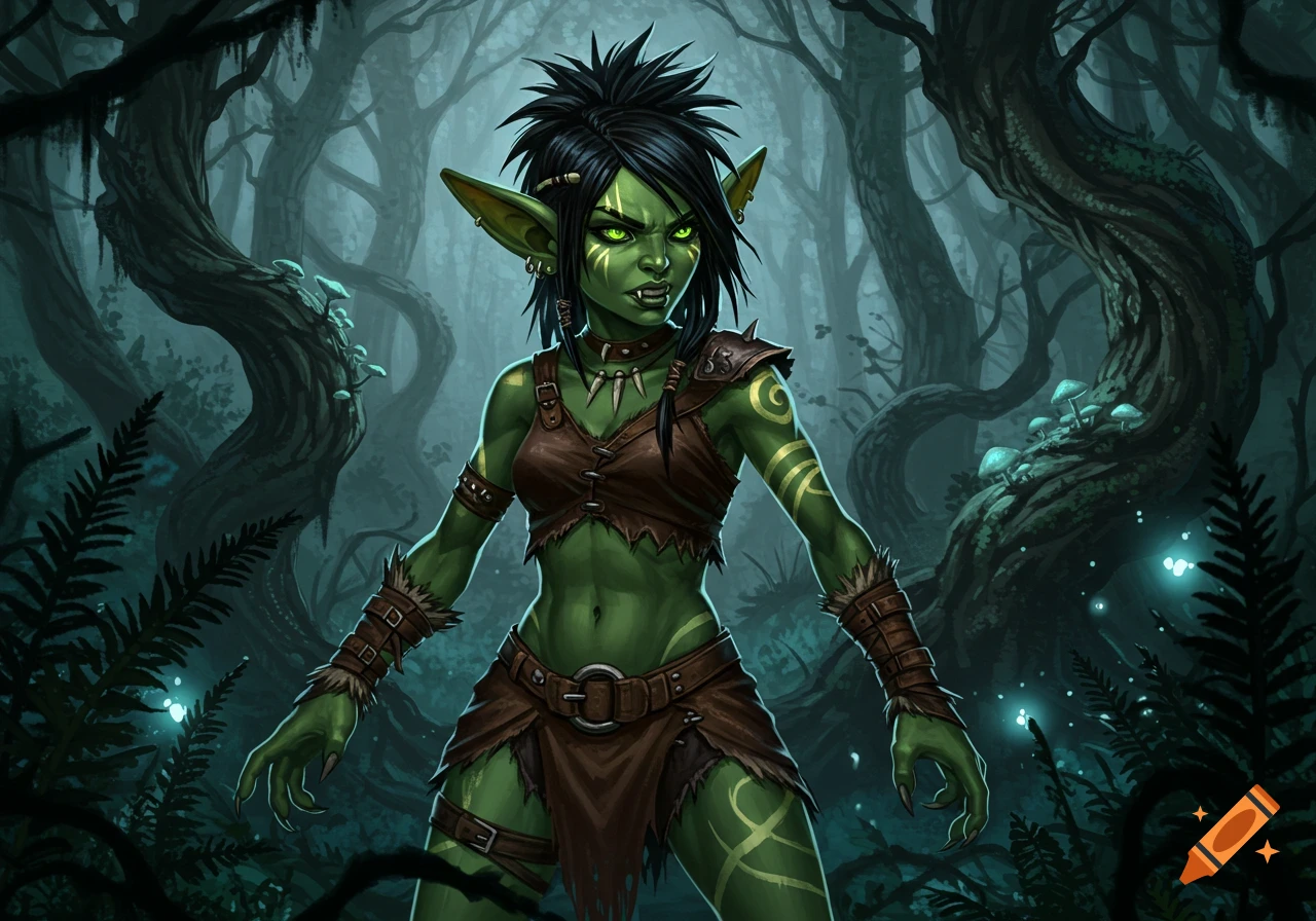 A fierce green-skinned female goblin with spiky black hair and glowing green eyes, wearing tribal leather armor, stands in a dark, misty forest.