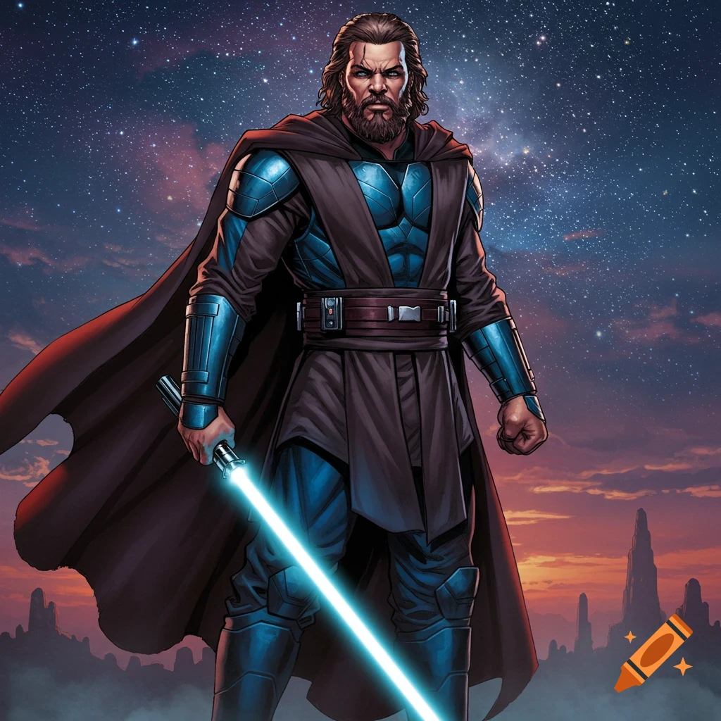 A muscular bearded Jedi knight in blue and black armor and robes, holding a blue lightsaber, stands against a starry alien sky.