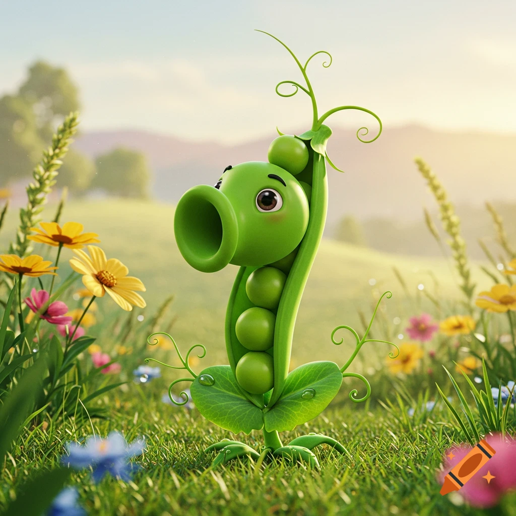 A cheerful, cartoon Peashooter character stands in a sunlit field of colorful flowers.