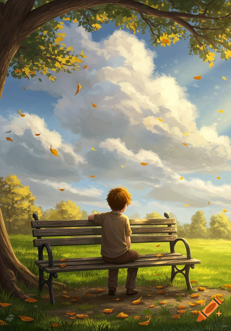 An illustrated boy with red hair sits on a park bench, looking out at a bright, cloudy sky with autumn leaves falling.