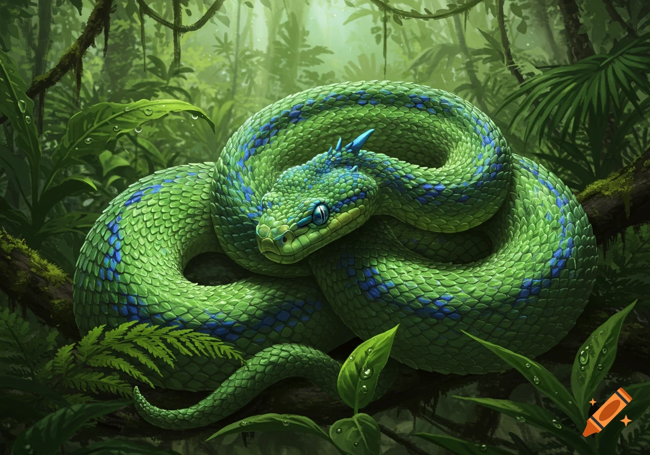 A vibrant green and blue snake with small horns coiled on a branch in a lush jungle, illustration.