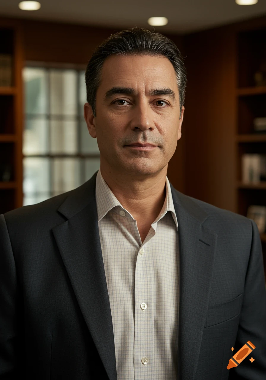 A photorealistic portrait of a middle-aged man in a suit and plaid shirt, looking directly at the camera in an office.