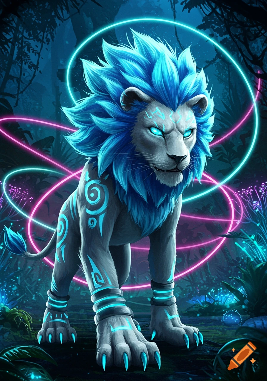A majestic blue-maned lion-like creature with glowing eyes and tribal patterns in a dark, neon-lit fantasy jungle.