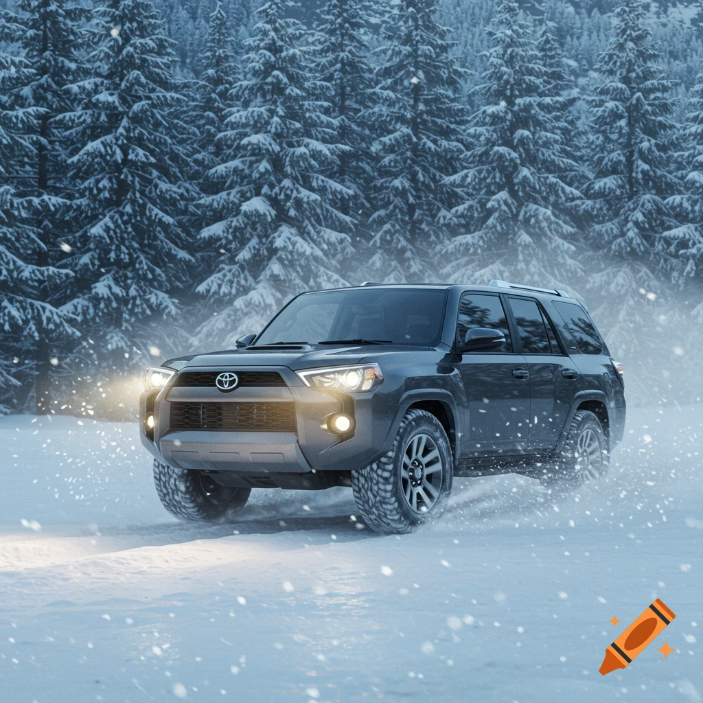 Dark grey Toyota 4Runner drives through a snowy forest with headlights on, surrounded by falling snow.