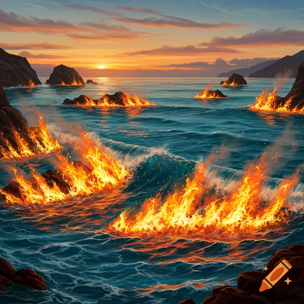 Digital painting of a surreal ocean with large flames on waves and rocks under a dramatic sunset.