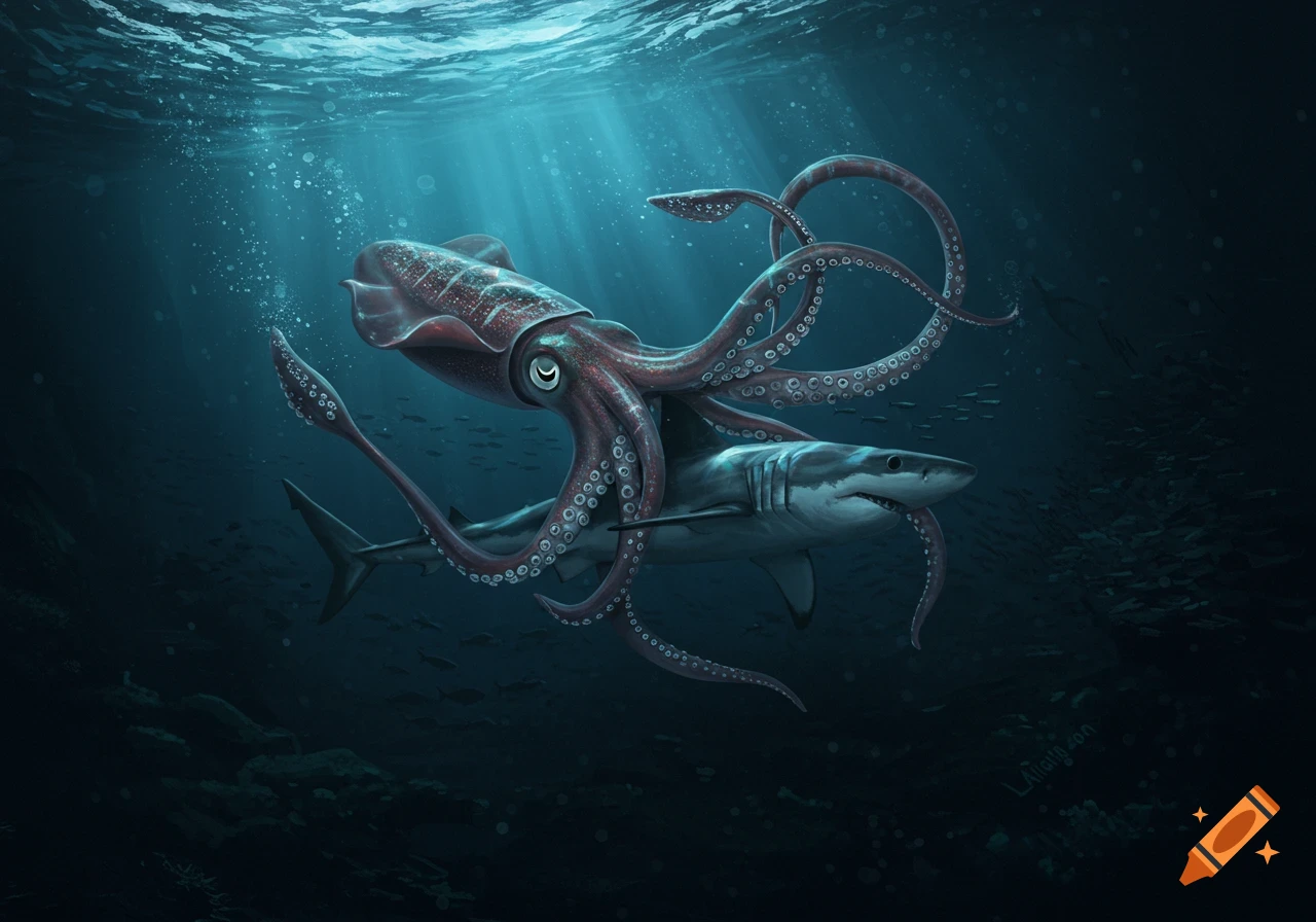 A colossal red squid with long tentacles wrapped around a gray shark, battling in deep blue underwater. Digital art.