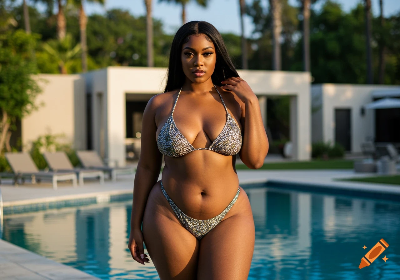 Plus-size African American model in a patterned bikini poses poolside at a luxurious mansion with palm trees.