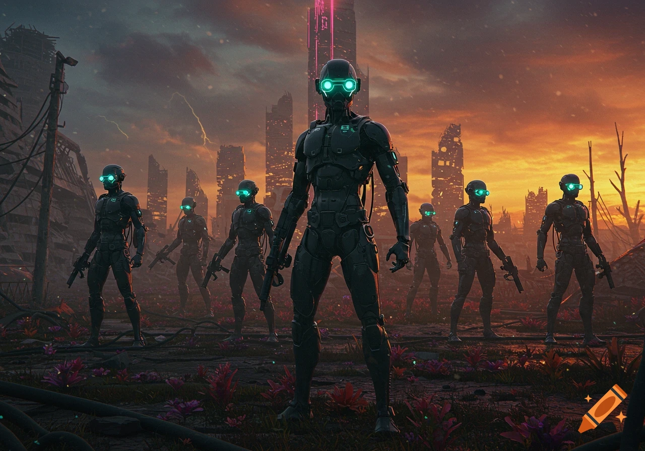 A squad of black futuristic robots with glowing green eyes stand in a desolate, post-apocalyptic cityscape at sunset.