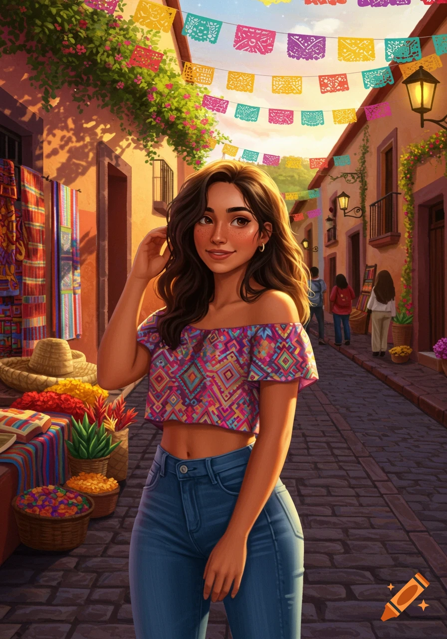 A digital art illustration of a young woman in a colorful patterned crop top and jeans, smiling in a vibrant Mexican street market.