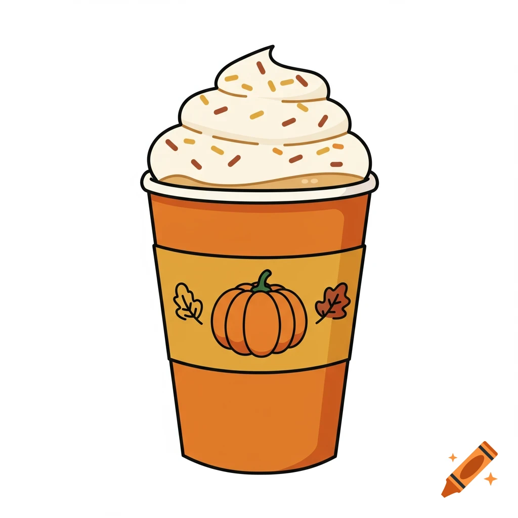 Cute cartoon pumpkin spice latte in a takeaway cup with whipped cream, sprinkles, and a pumpkin design on the sleeve.