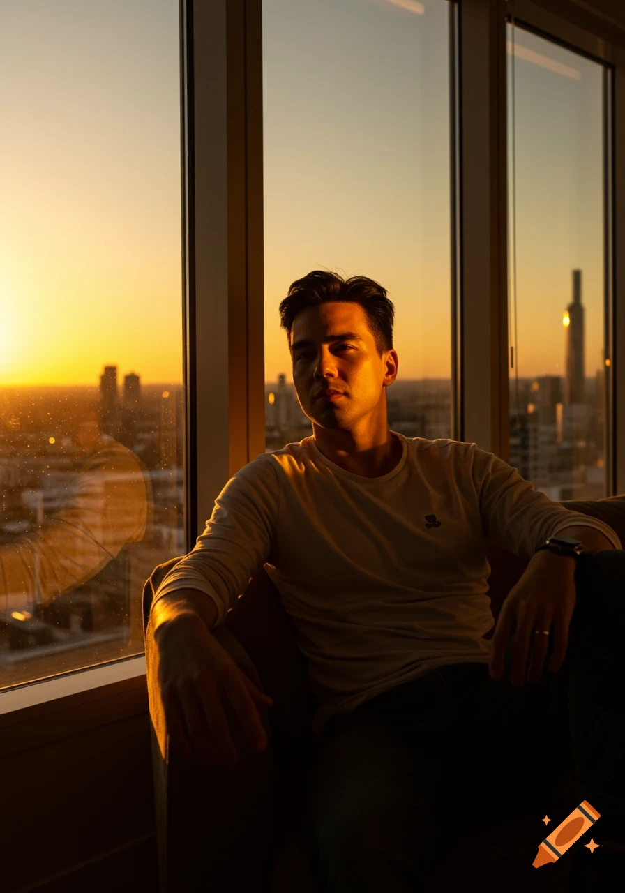 Man sitting by a window during golden hour, bathed in warm light with a city skyline visible outside.