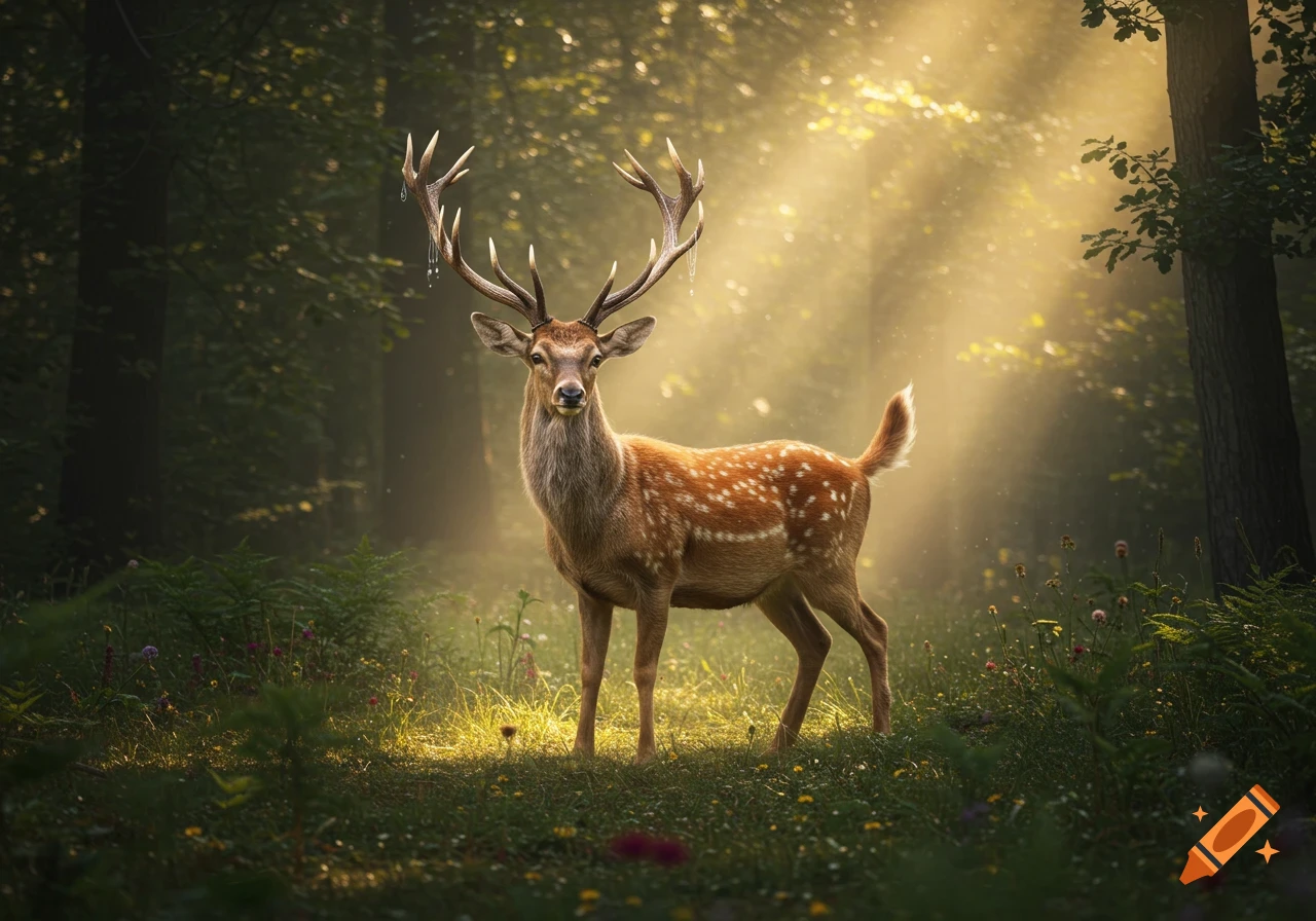A majestic deer with large antlers stands in a sun-dappled forest clearing, looking directly at the viewer.