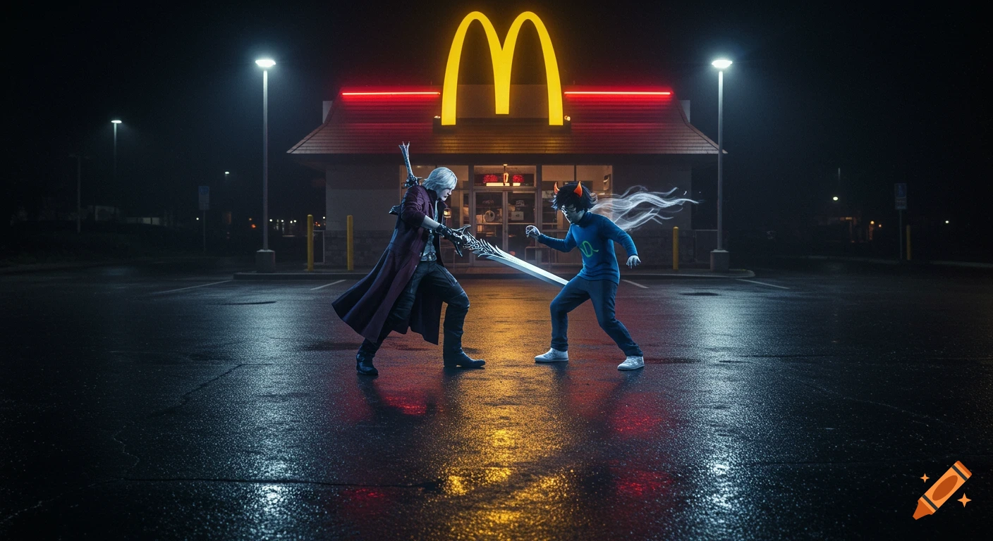 Dante from Devil May Cry and John Egbert from Homestuck, dressed in their iconic outfits, face off with weapons in a dark, wet McDonald's parking lot at night, under the glow of the golden arches. Photorealistic.