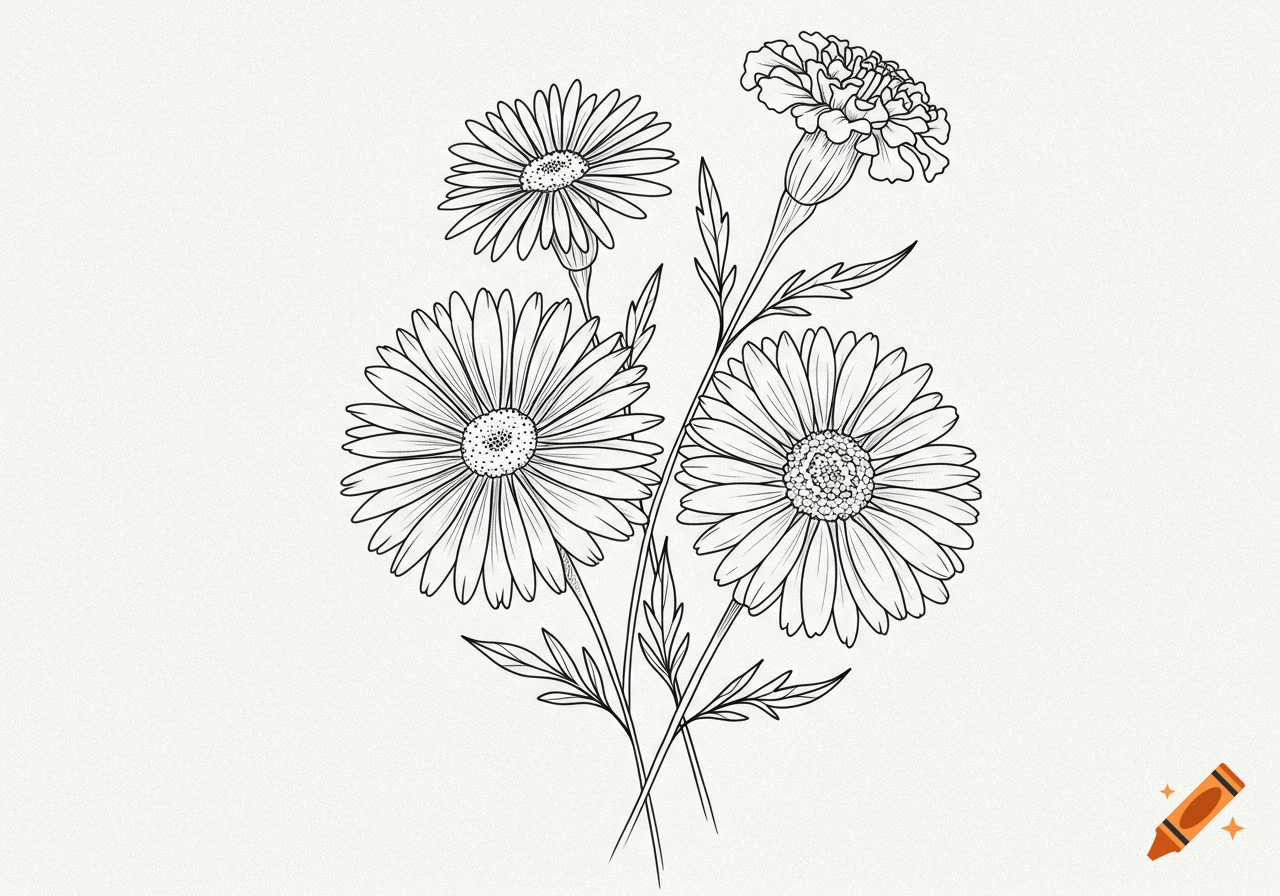 A black and white fine line drawing of a bouquet of marigold and aster flowers on a light background.