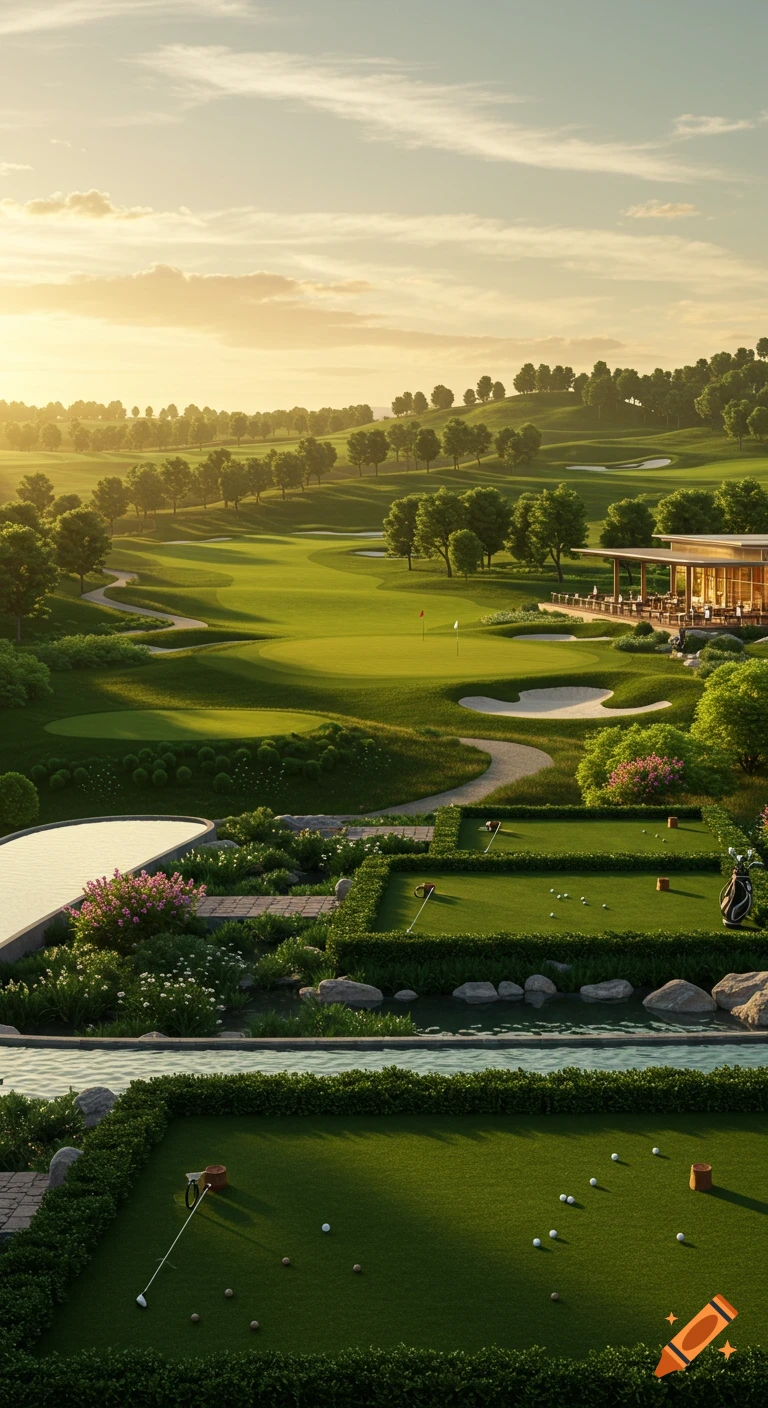 A luxurious, photorealistic golf course at sunset, featuring green fairways, sand traps, and a clubhouse.