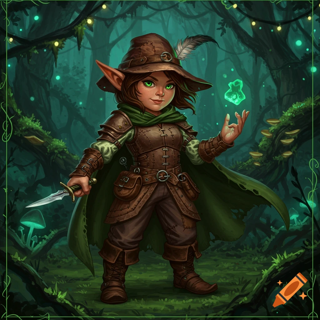 A female forest gnome in leather armor holds a dagger and a glowing green orb in an enchanted forest with glowing mushrooms.