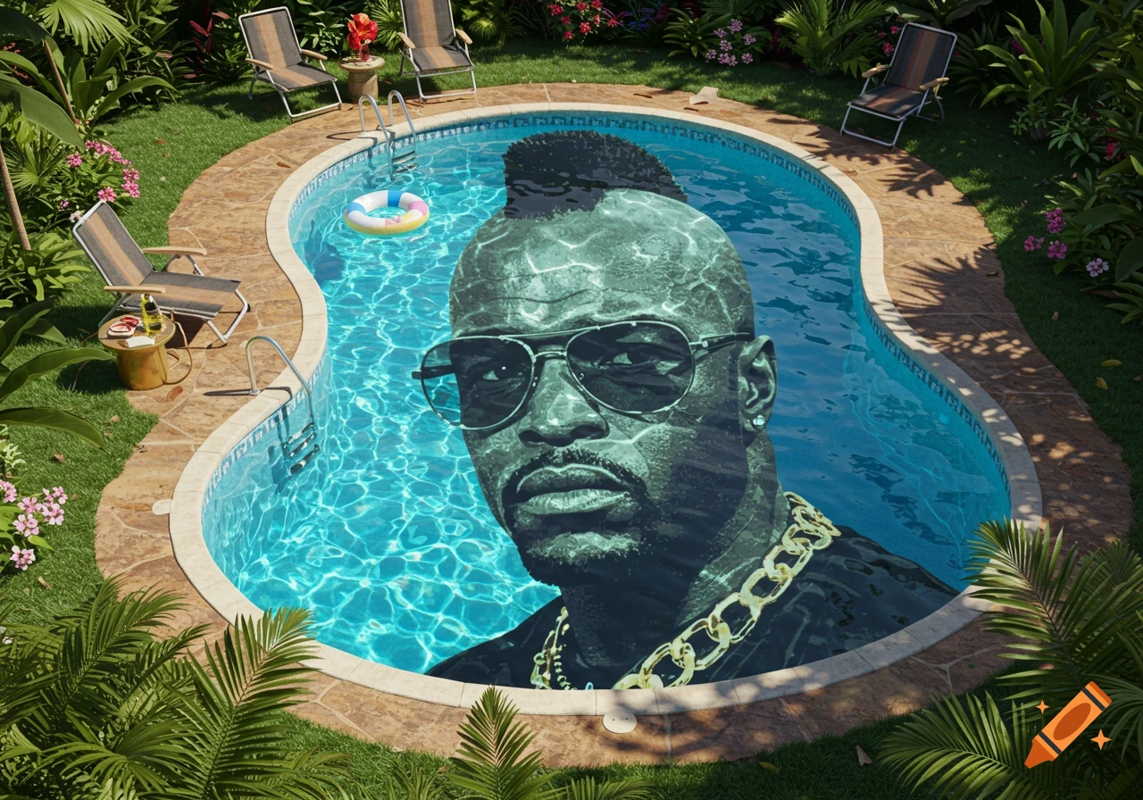 A photorealistic backyard swimming pool with Mr. T's face, wearing sunglasses and a gold chain, visible on the bottom, distorted by the water.