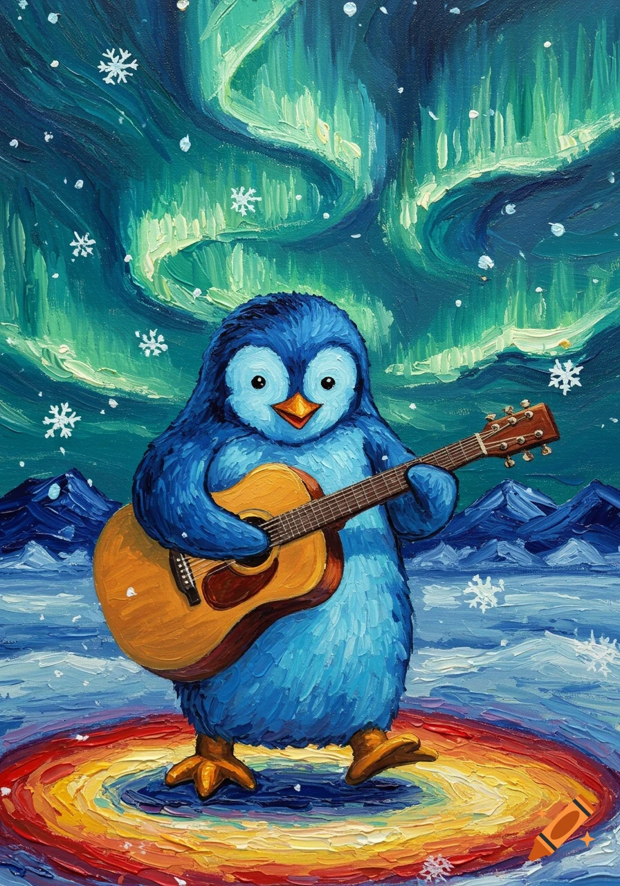 A blue penguin playing a guitar in a vibrant, impasto painting style, under the green Northern Lights with snow falling.
