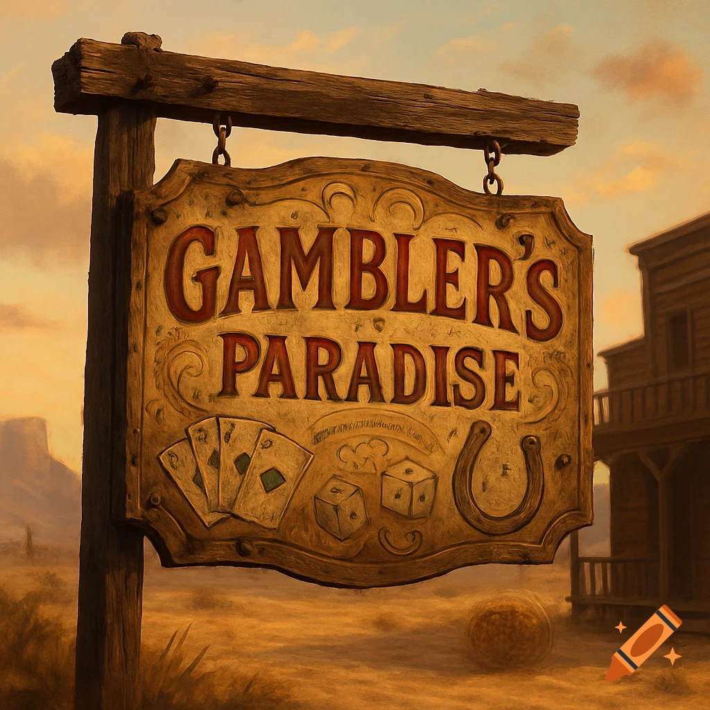 A wooden sign for 'GAMBLER'S PARADISE' hangs in an Old West desert setting with playing cards, dice, and a horseshoe. The image has a stylized, weathered look.
