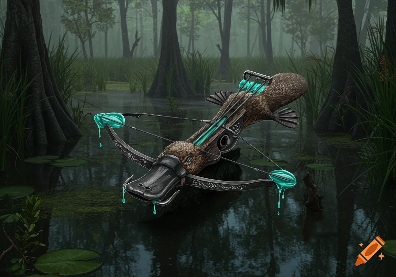 A stylized crossbow resembling a platypus with glowing turquoise liquid drips sits in a murky swamp with trees and lily pads.