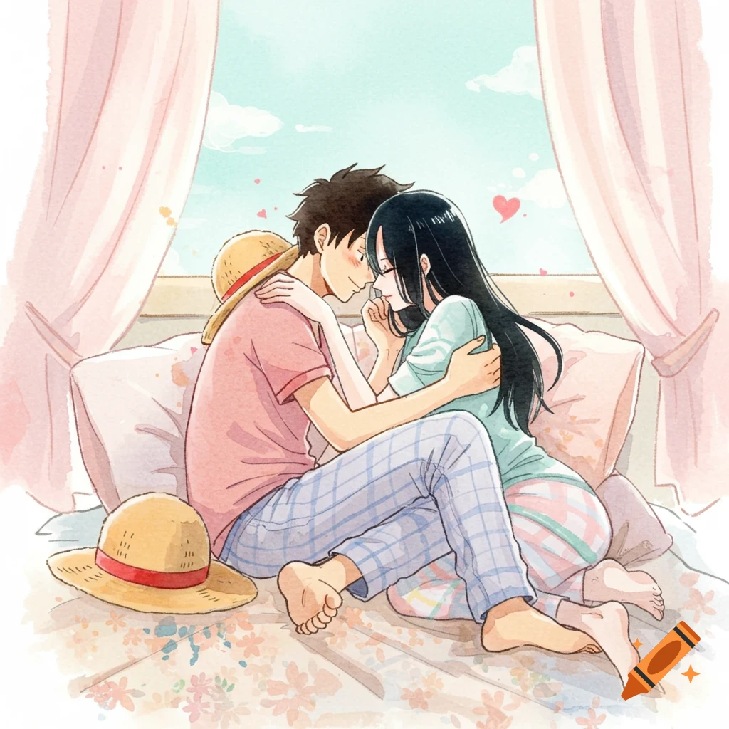 Watercolor painting of Luffy and Hancock cuddling in bed, wearing pajamas, with straw hats nearby.