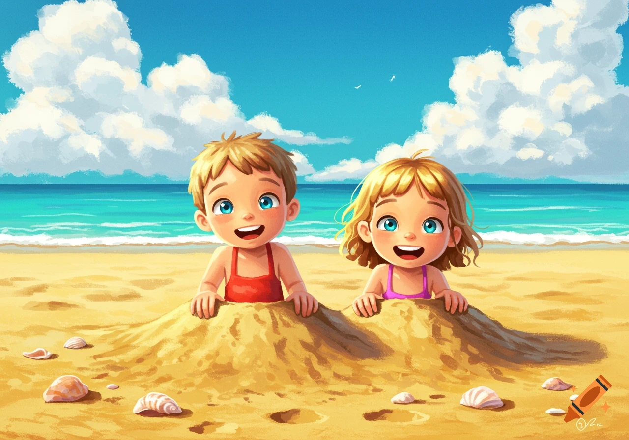 Two joyful cartoon children peek out of sand piles on a sunny beach with the ocean in the background.
