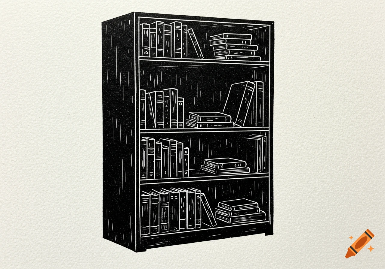 A linocut illustration of a black bookshelf filled with various books on a white textured background.