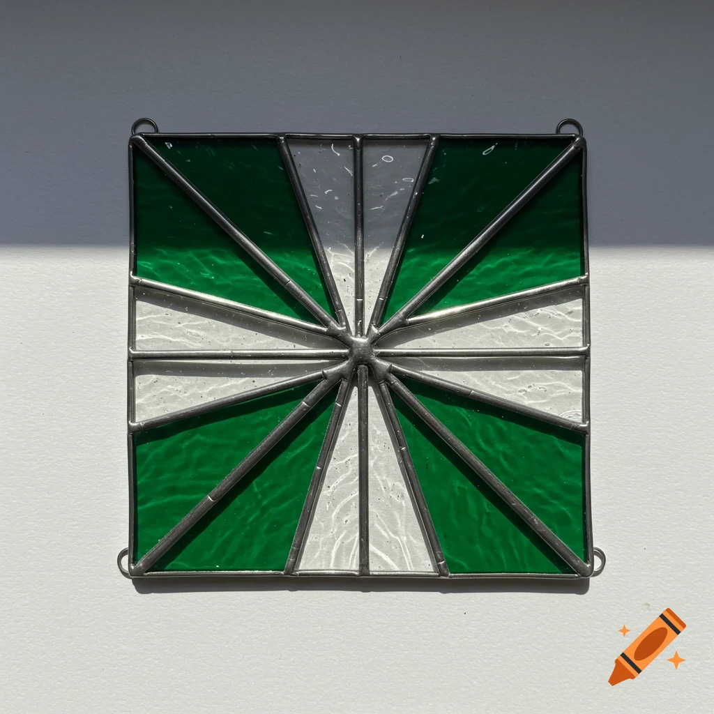 A square stained glass panel with a radiating starburst design in green and clear glass, casting shadows on a white wall.