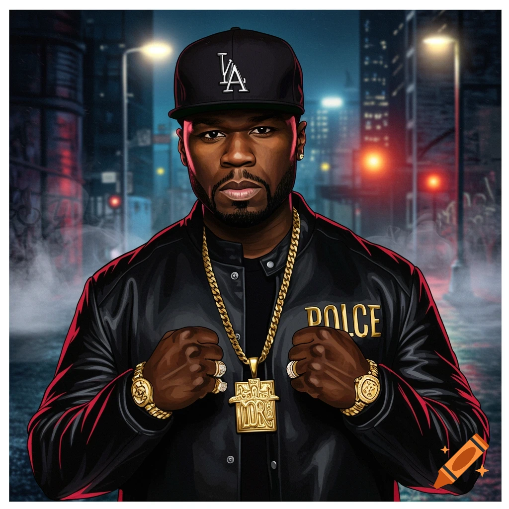 Stylized illustration of 50 Cent in a black jacket, 'LA' cap, and gold chains, standing in a dim city street.