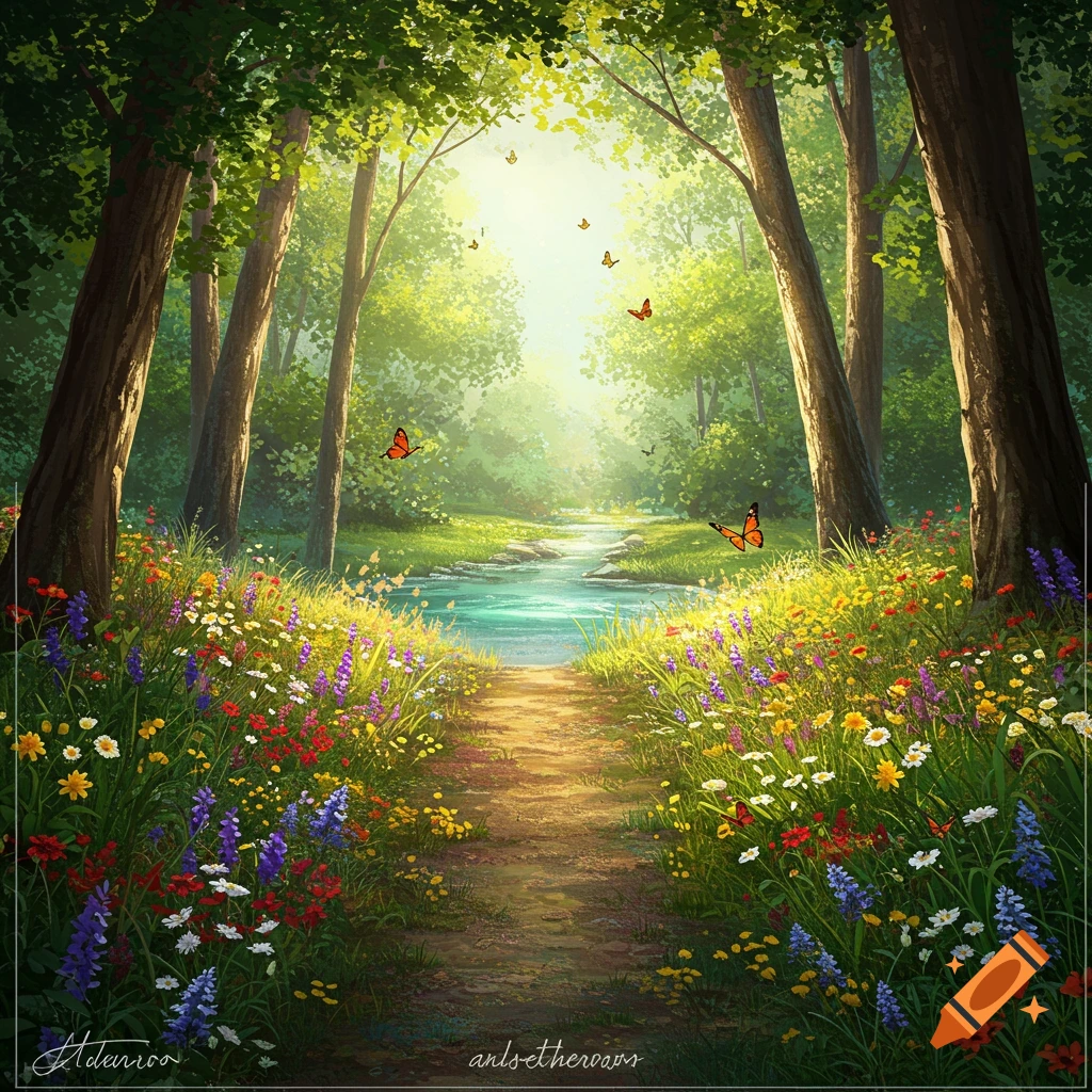 Vibrant illustration of a sunlit forest path, winding by a stream, with colorful wildflowers and butterflies.