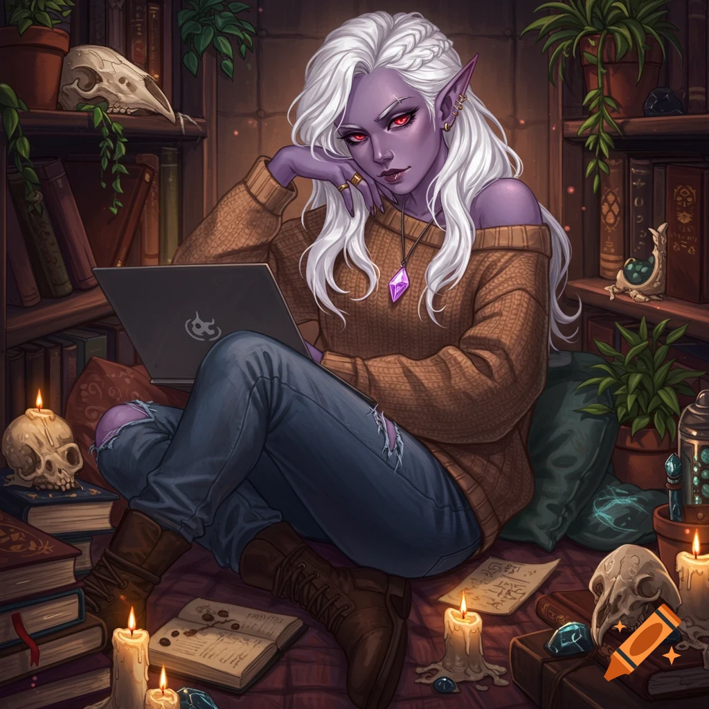 A drow elf with white hair and purple skin sits on the floor in a cozy library nook with a laptop, surrounded by books and plants.