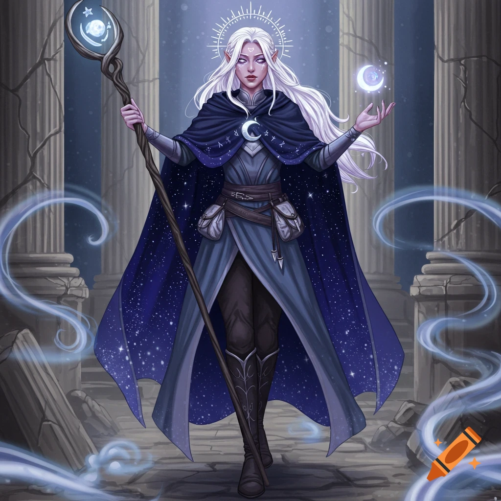 A serene female elf-like fantasy character with white hair, blue cloak, and celestial staff, standing amidst ruins. Digital art.