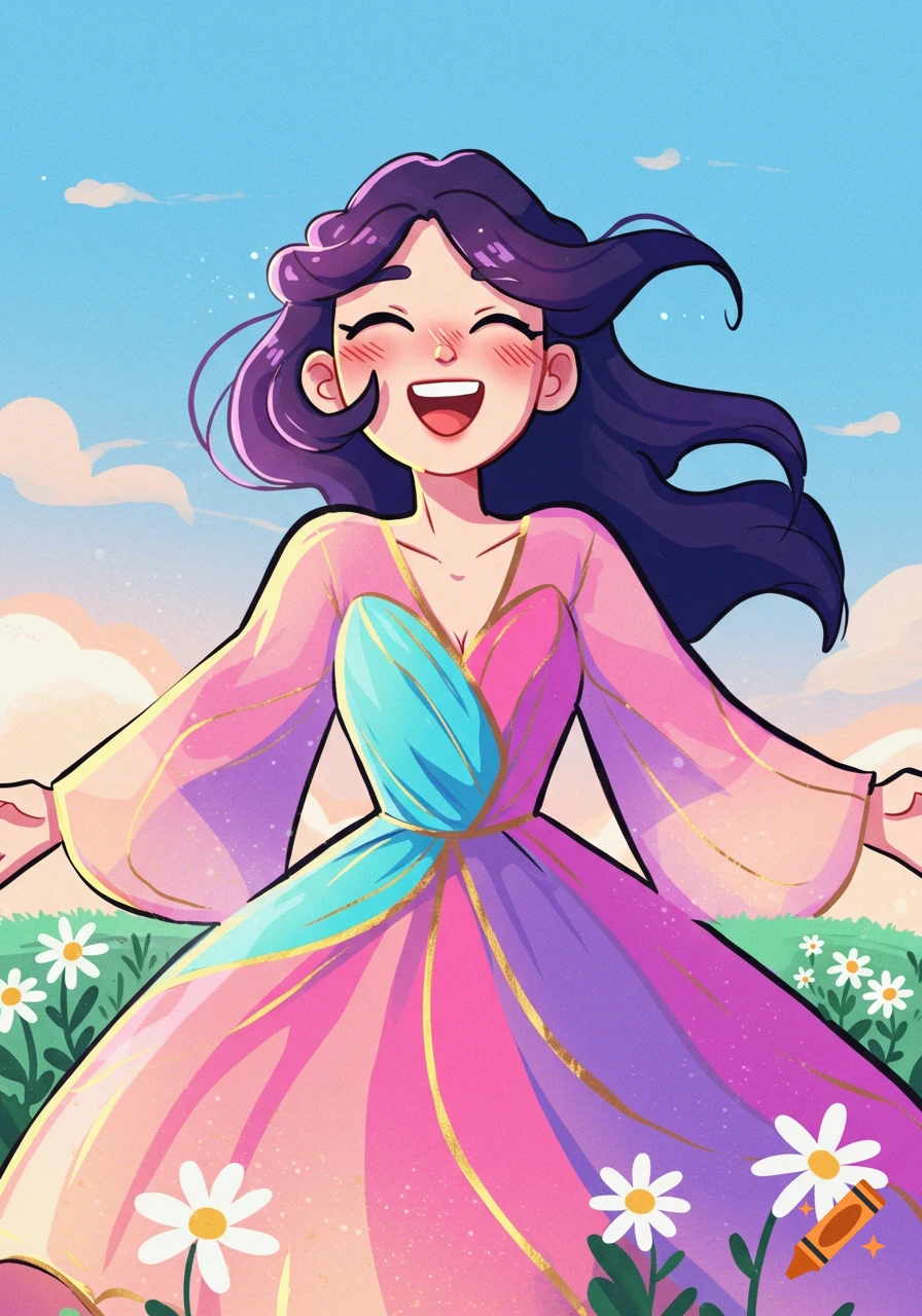 A happy cartoon woman with purple hair in a vibrant, flowing dress smiles in a field of daisies under a blue sky, in an illustration style.