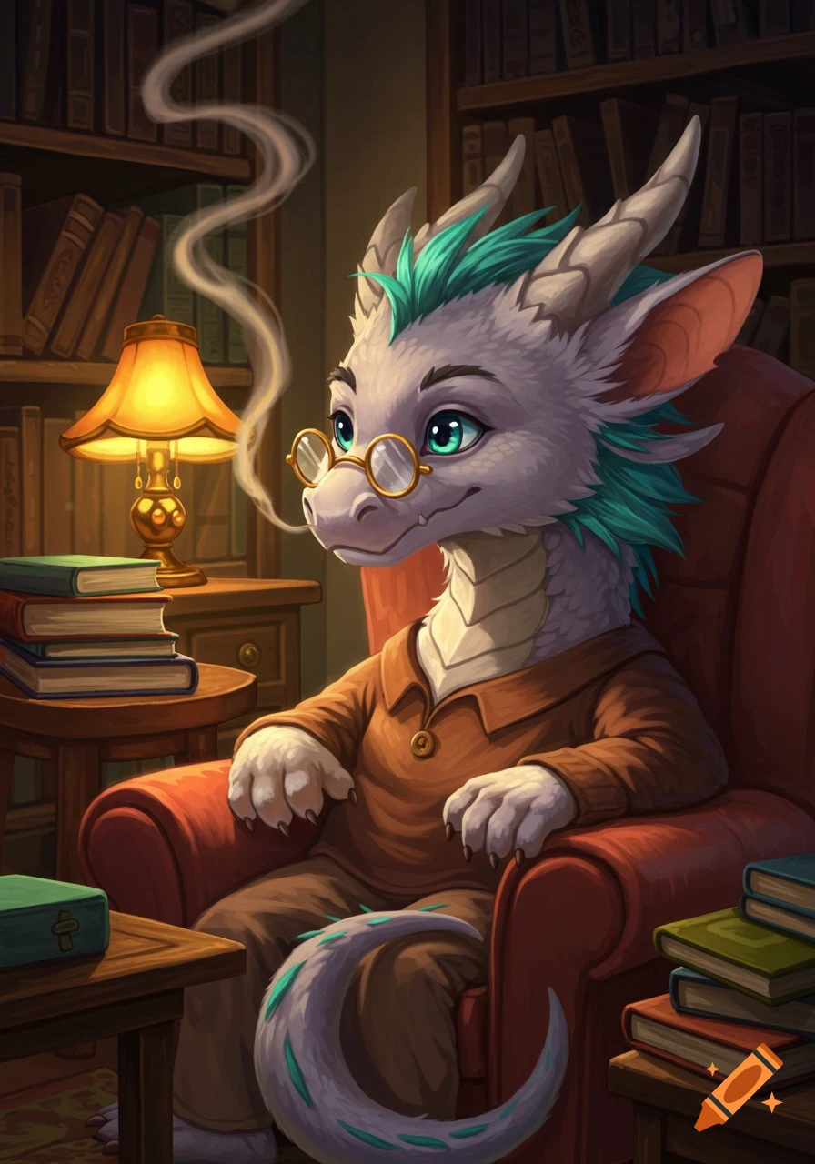 A cute anthropomorphic white dragon with green hair and glasses sits in a red armchair in a cozy library, a pipe smoking next to a lamp and stacks of books.