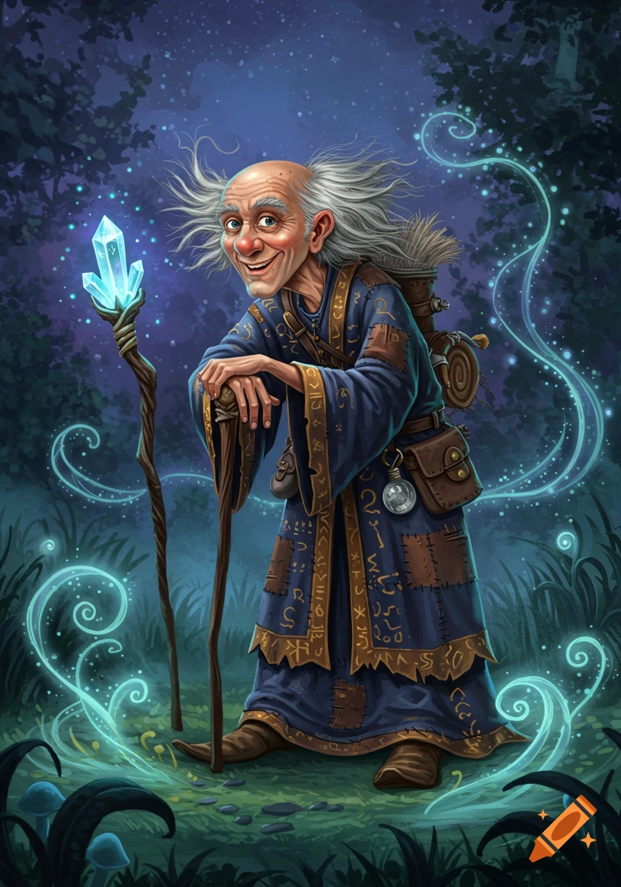 A whimsical old wizard with white hair, blue robe, and glowing crystal staff stands in a magical forest, illustration.