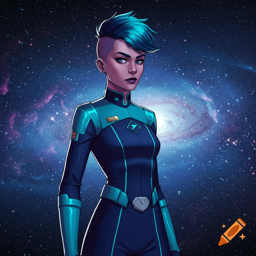 Animated portrait of Mira Nova, a blue-haired woman in a teal and navy sci-fi uniform, standing against a starry galaxy background.