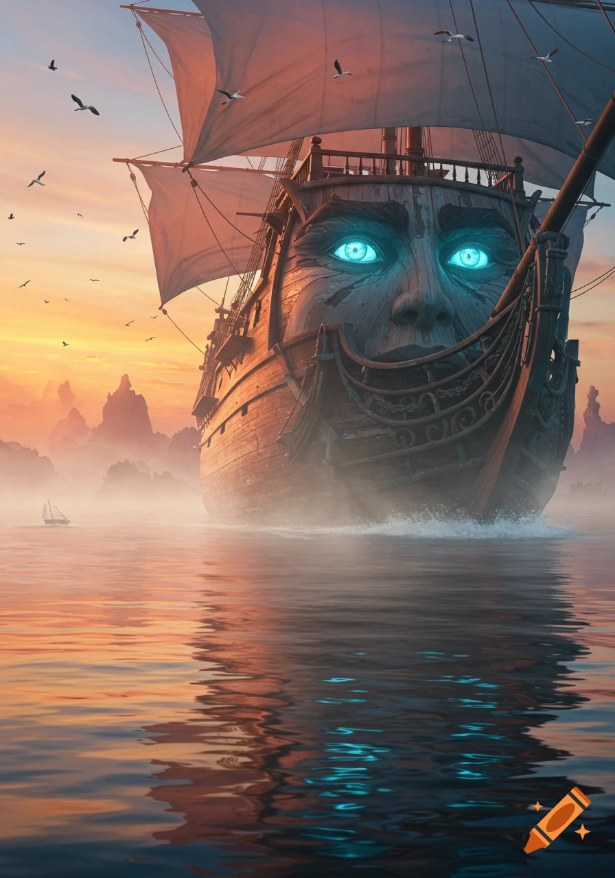 A large wooden sailing ship with a carved face, glowing blue eyes, and a smile sails through misty water at sunset, reflected in the calm sea. Photorealistic fantasy art.
